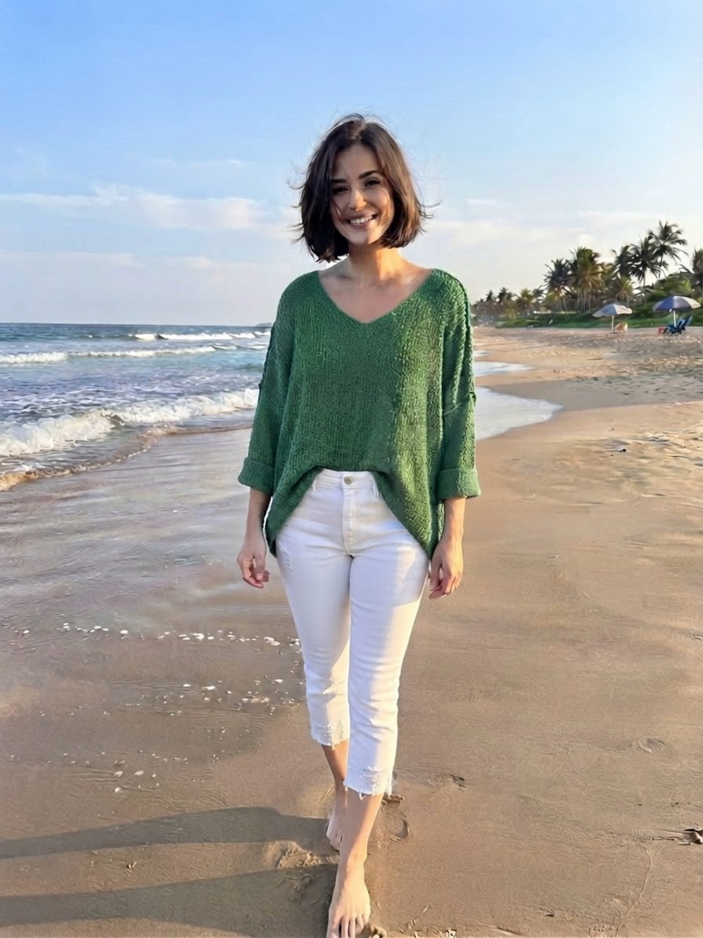 She + Sky Green V-Neck Knit Sweater
